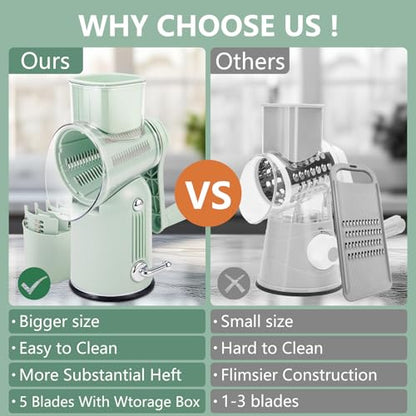 Rotary Cheese Grater with Handle: 5-in-1 Cheese Grater Hand Crank, Strong Suction Base for Fruit Vegetables Nuts with Blade Storage Box (Green) - color: Green