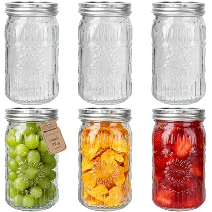 CycleMore 6 Pack 32oz Glass Mason Jars with Silver Two-Piece Lids - Wide Mouth Jars, 1 Quart Canning Jars With Sunflower Print for Preserving, Decor & Storage - size: SunFlower - 32oz - 6 Pack