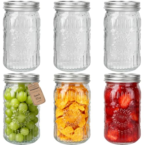 CycleMore 6 Pack 32oz Glass Mason Jars with Silver Two-Piece Lids - Wide Mouth Jars, 1 Quart Canning Jars With Sunflower Print for Preserving, Decor & Storage - size: SunFlower - 32oz - 6 Pack
