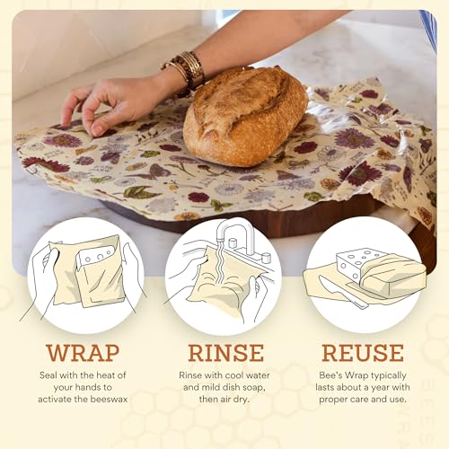 Bee's Wrap Beeswax Wraps for Food - Pack of 2 Bread Wraps - Meadow Magic & Honeycomb - Plastic Free Made in USA Reusable Bread Storage Bags - Organic & Sustainable Sourdough Bags - color: Meadow Magic & Honeycomb 2 Pack