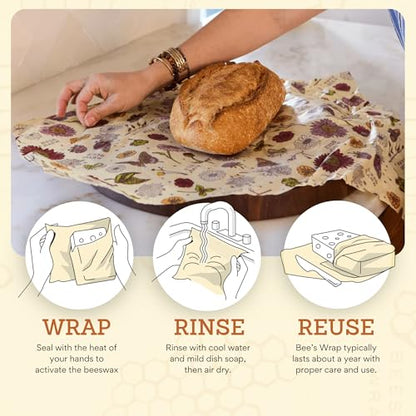 Bee's Wrap Beeswax Wraps for Food - Pack of 2 Bread Wraps - Meadow Magic & Honeycomb - Plastic Free Made in USA Reusable Bread Storage Bags - Organic & Sustainable Sourdough Bags - color: Meadow Magic & Honeycomb 2 Pack