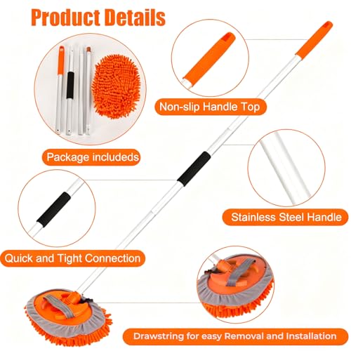 62" Car Wash Brush with Long Handle Car Cleaning Brush Kit Car Cleaning Supplies Kit Car Washing Duster Tools Accessories, 1 Chenille Scratch-Free Replacement Head Aluminum Alloy Pole (Orange) - color: Orange