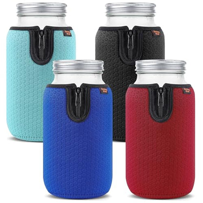 64 oz Wide Mouth Mason Jar Neoprene Sleeve, 64oz Non-slip Cozy Insulated Glass Jars Protector Holder Sleeves 4.3 x 7.5 Inches - 4 Pack (Black/Red/Blue/Cyan) - color: 64 oz Sleeves (4.3 x 7.5 In) - Black/Red/Blue/Cyan
