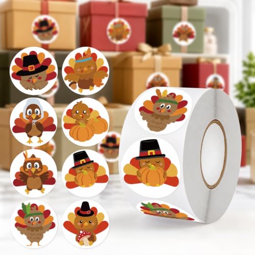 500pcs/Roll Cute Thanksgiving Turkey Stickers 1 Inch Round Autumn Fall Gift Labels Treats Bag Classroom Rewards Envelope Seals Decor - color: 500pcs- Turkey Pattern