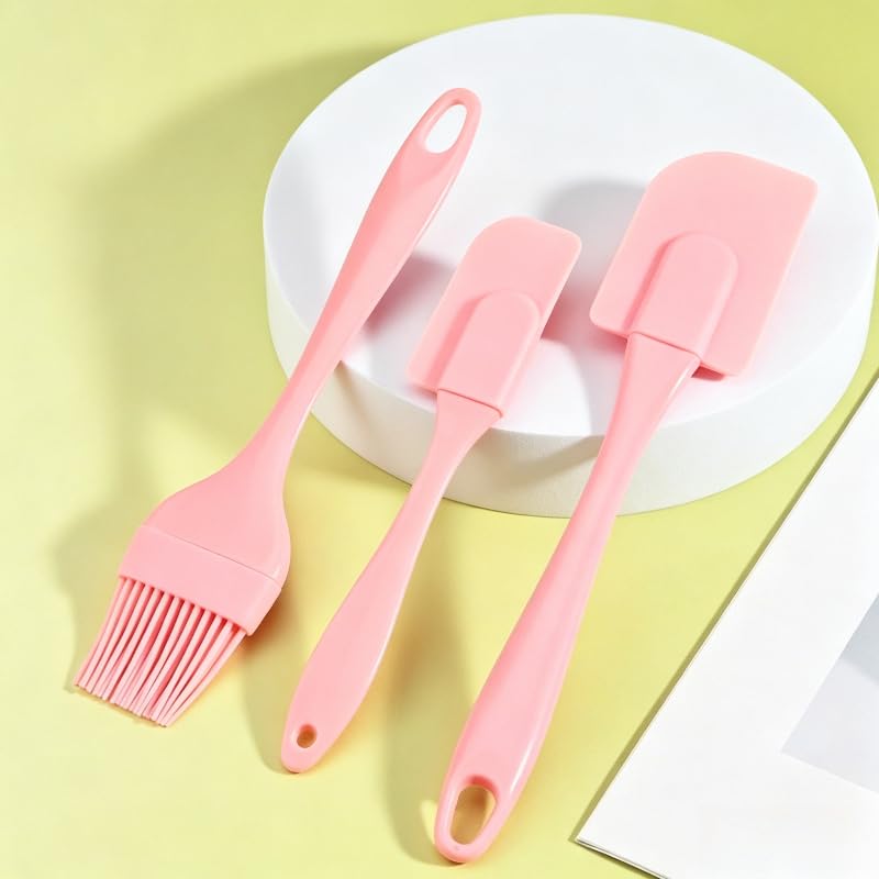3PCS Silicone Pastry Brushes, Baking Cream Scraper,Household Kitchen Rubber Oil Brush, Cake Spreader for Baking, Grilling (Pink)