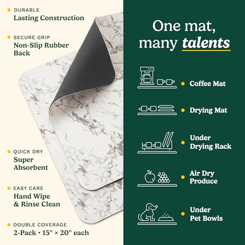 Cuisinart Coffee Mat for Countertop (2 Pack)–Quick-Dry Absorbent Coffee Bar Mat for Espresso Machines & Brew Stations, Also Use as a Dish Drying Mat on Kitchen Counter, Non-Slip, Easy Care, 15” x 20” - color: White Marble
