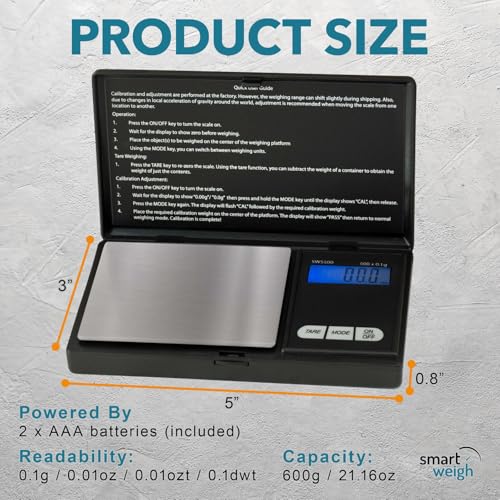 Smart Weigh SWS600 Elite 600g x 0.1g Digital Gram Scale, Pocket Sized Jewelry, Nutrition Kitchen, and School Scale, Slim Design, Black - size: 600g / 0.1g