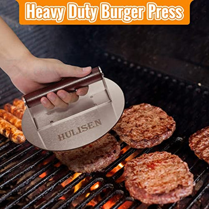 HULISEN Heavy-Duty Burger Press & Melting Dome Set, 8.5 Inch Round Stainless Steel Bacon Press with Wooden Handle, 12 Inch Basting Cover, Griddle Accessories Kit for Flat Top Grill Indoor/Outdoor - size: 8.5 Inch Round Press + Melting Dome