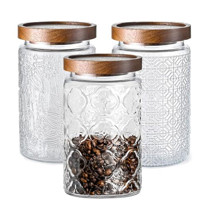 Adodeen 3-Pack 32oz Glass Jar With Airtight Lid,Kitchen Canisters For Countertop,Coffee Sugar Container Set,Pantry Glass Storage Containers For Flour,Candy,Loose Tea,Snack jar - color: Sunflower/Bigonia/Window-32oz