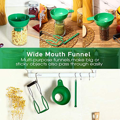 Canning Funnel Jar Lifter Magnetic Lid Wand for Mason Jars, 3 Pcs, Green | Wide Mouth Fit, Anti-Scald Grip, Lid Retrieval Wand, Canning Kit for Jam Jelly Preserves, BPA-Free Safe