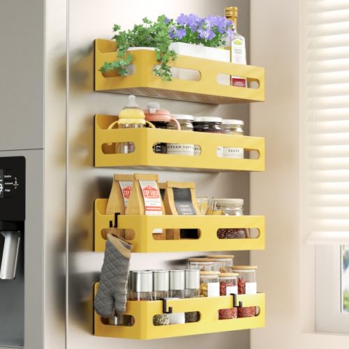 Sevenblue 4-Pack Magnetic Spice Rack for Refrigerator with Hooks, Yellow | Strong multipurpose magnetic shelf for kitchen & bathroom organization. Includes 4 removable hooks for hanging items. - color: Yellow, size: 4 Pack