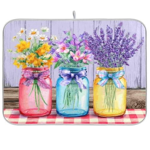 Three Colorful Mason Jars Dish Drying Mat Absorbent Dishes Drainer Rack Mats Microfiber Reversible Dish Drying Pad Fast Dry Kitchen Accessories 16x18in For Kitchen Counter - size: 16 x 18 inches