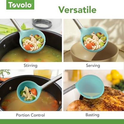 Tovolo Silicone Ladle With Stainless Steel Handle Deep Soup Ladle for Cooking Canning Serving Soup Punch Stew Sauce, Large Kitchen Utensil Spoon Dishwasher Safe BPA Free Silicone Aqua Seafoam Green - color: Light Aqua