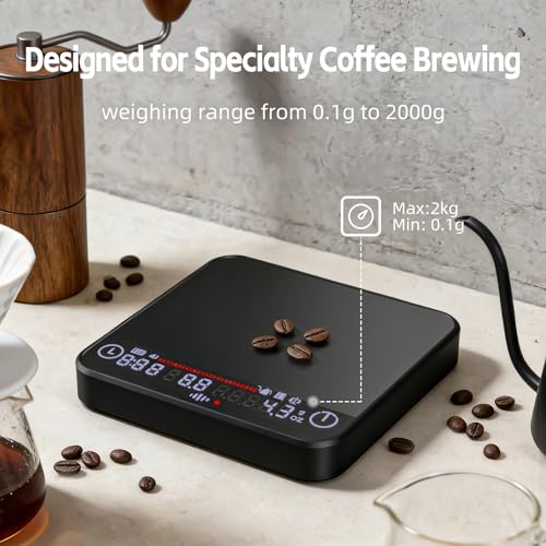 Mini Coffee Scale with Timer,Rechargeable Espresso Scale & Flow Rate Indicator, 2kg/0.1g, Auto Tare, LED Display, for Pour Over, Drip Coffee, Espresso, Silicone Cover(Black)