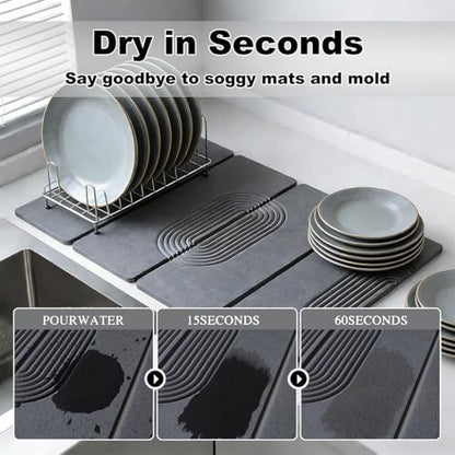 Large Stone Dish Drying Mat for Kitchen Counter,Collapsable Stone Dish Drying Mat with Diatomaceous Earth for Quick Drying-Ultra Absorbent-Eco-Friendly,Foldable-23.6"×15.7" Dark Gray Curved Grooves - color: HXTY-Dark Grey