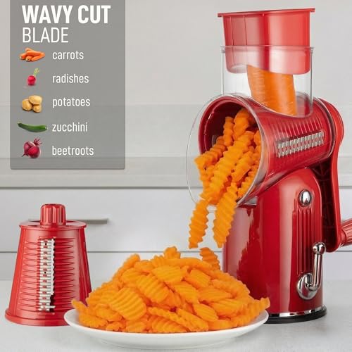 Zulay Kitchen Rotary Cheese Grater 5 Blade Cheese Shredder - Manual Hand Crank Cheese Grater With Reinforced Suction & 5 Interchangeable Drums - Easy to Use, Vegetable Chopper Round Mandoline Slicer - color: Classic | Red