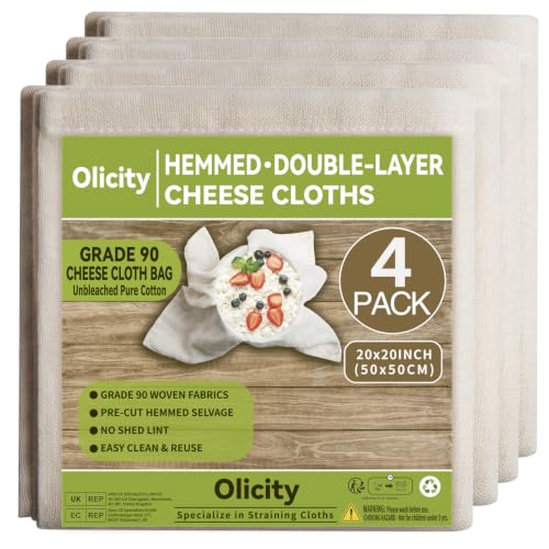 Olicity Cheese Cloths, 4Pack, Double-Layer, 20x20Inch, Reusable Grade 90 Cheese Cloth Bag for Straining, Hemmed Unbleached Cotton Precut Fine Mesh Muslin Cheesecloth for Brew, Jelly, Yogurt
