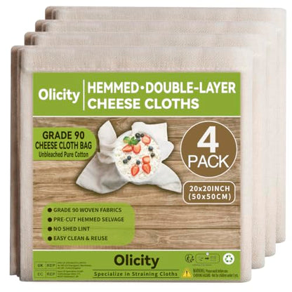Olicity Cheese Cloths, 4Pack, Double-Layer, 20x20Inch, Reusable Grade 90 Cheese Cloth Bag for Straining, Hemmed Unbleached Cotton Precut Fine Mesh Muslin Cheesecloth for Brew, Jelly, Yogurt