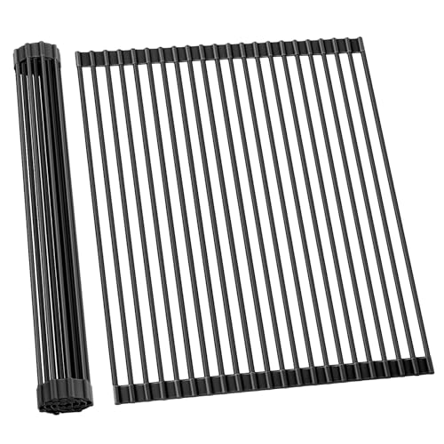 Ohuhu Sink Drying Rack, 20.5" W x 16.1" L Over Sink Roll-Up Dish Drainer - Rolling Foldable Accessories Heat-Resistant Mat Anti-Slip Silicone Coated Multipurpose for Kitchen Counter - color: Black, size: 20.5"W x 16.1"L