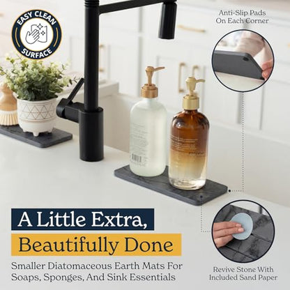 Oleex 3-Pack Stone Dish Drying Mat Set Includes 1 Large 24”x16” & 2 Small 4”x9” for Kitchen Counter-Collapsible Diatomaceous Earth Pad Absorbs Water & Dries Dishes Fast, Non-slip, Odor-Resistant Mats - color: Dark Grey Marble