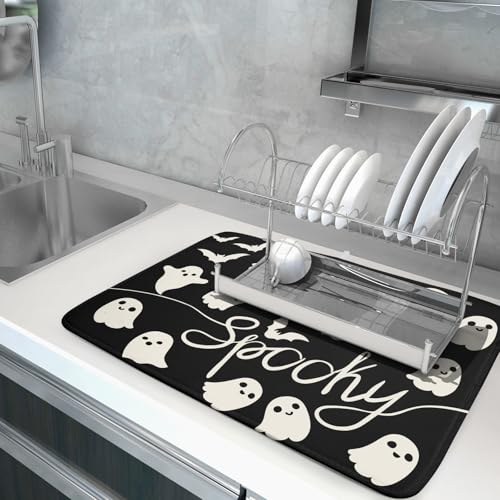 Halloween Dish Drying Mat for Kitchen Counter 18x24 Cute Ghost Black Spooky Holiday Scary Theme Absorbent Reversible Microfiber Drying Mats Kitchen Countertop Protector Dishes Drainer Pad - size: 18" x 24"