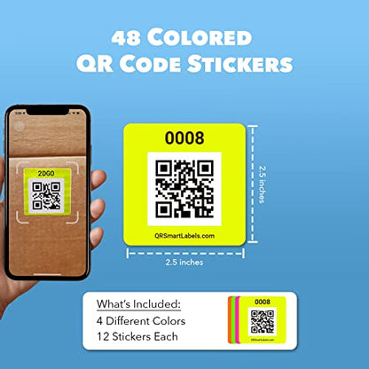 Smart Labels QR Code Stickers with AI Photo Analysis App - Auto-Creates Item Descriptions - No Typing - Made in USA - QR Code Labels for Storage & Inventory Tracking, Organization & Moving, Pack of 48 - style: Neon