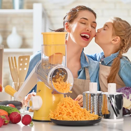 Cambom Rotary Cheese Grater Hand Crank Cheese Shredder for Fresh Cheese, Vegetable, Nuts,Non-slip Suction Base, Free Cleaning Brush Three Blades,Yellow - color: Yellow, size: 3 BLADES