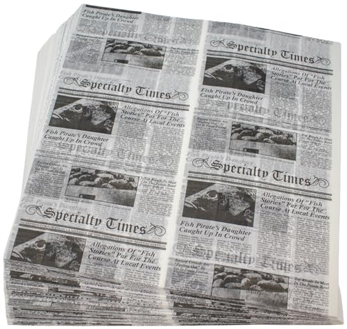 MADE IN USA 1,000 Sheets of Grease-Resistant Food Grade Waxed Kraft Deli Tissue Paper, 12" X 12" (Newsprint Fish & Chip Print) - color: Newsprint Fish & Chip Print