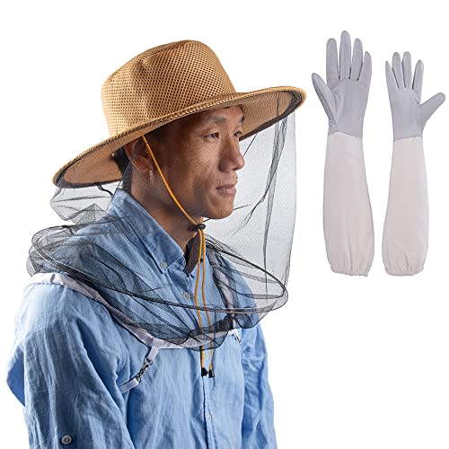 HunterBee Beekeeping Beekeepers Veil Hood hat and bee Gloves gnats Insect Bug Mosquito Hats apicultura Bees net Netting mesh hat Fishing Gardening Cap