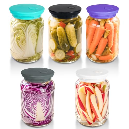 Waterless Airlock Fermentation Lids Wide Mouth Mason Jars Silicone Fermenting Lids for Pickles, Kimchi, and Fermented Probiotic Food 5 Pack (Jars Not Included) - color: (Purple+Black+Grey+White+Mint)