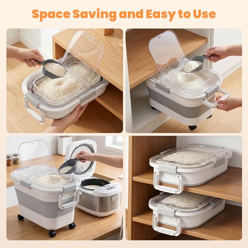 30 Lbs Rice Storage Container with Wheels, Collapsible Airtight Food Storage Container with Transparent Lid, Measuring Cup, Scoop, Handle, BPA Free Rice Holder for Pet Food, Grain, and Bird Seed - color: Clear/30lbs