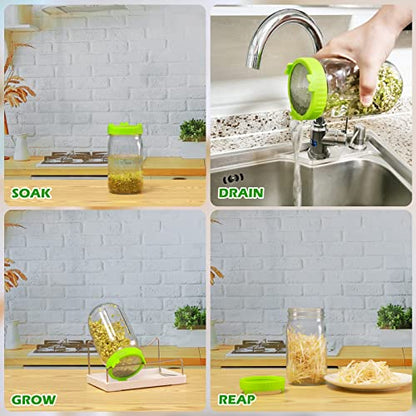 Kitmiido Seed Sprouting Kit, 2 Large Wide Mouth Mason Jars with Sprout Lids, Blackout Sleeves, Drain Tray, Stainless Steel Stand, Sprouts Growing Kit for Bean, Broccoli, Alfalfa (Yellow+Green) - color: Yellow&green