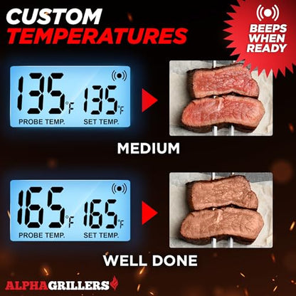 Alpha Grillers 육류 온도계 디지털 - 음식 요리, 그릴링, BBQ 스모커용 주방 오븐 온도계 - 7가지 사전 설정 온도 알림, 타이머, 알람 및 스테인리스 스틸 온도 탐침