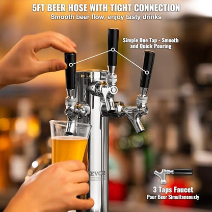 VEVOR Triple Taps Draft Beer Tower Dispenser, Stainless Steel Keg Beer Tower, Kegerator Tower Kit with Pre-Assembled Tubing and Self-Closing Faucet Shanks for Party, Bar, Pub, Restaurant - style: Triple Faucets