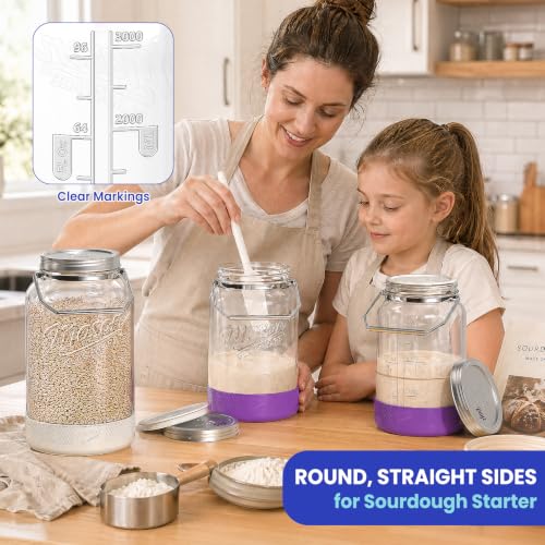 1 Gallon Glass Jars with Lids, 2 Pack Wide Mouth Mason Jars with Stainless Steel Lid & Food-Contact Silicone Inner Seal, Airtight Pantry Containers for Flour, Sugar, Sourdough Starter & Kombucha