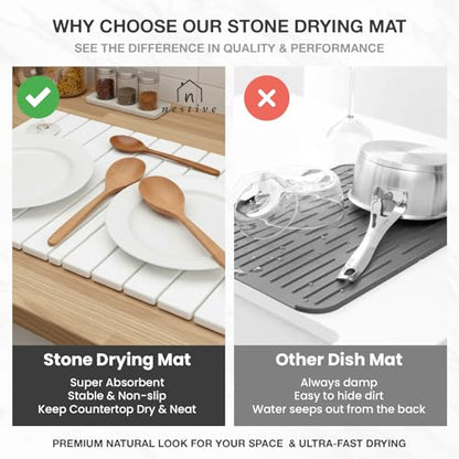 Large Stone Drying Mat for Kitchen Counter | 24"x16" | Fast Drying Collapsible Diatomaceous-Earth Mat | Super Absorbent Folding Mat for Dishes, Bottles, Glass, Heat-Resistant, Non-Slip (White) - color: White