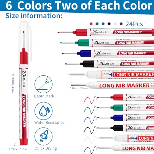 24 PCS Long Nib Marker,20mm Long Head Deep Hole Marker Pens, Longs Nose Markers, Waterproof Construction Markers Marking Tool,Permanent Markers Carpenter Ink marker Pens,Metal marking Pens - color: 24PCS-20MM-Red/Blue/Green/Black/White/Purple