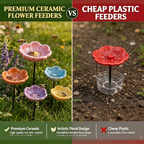 Bee Watering Station for Garden,Ceramic Bees Cups Outdoor Feeder,Flower Shaped Bee Watering Station Bird Bath Water,Butterfly Drinking Cup Bees Bath Bowl Gardens Stakes (Blue, Purple, Pink)