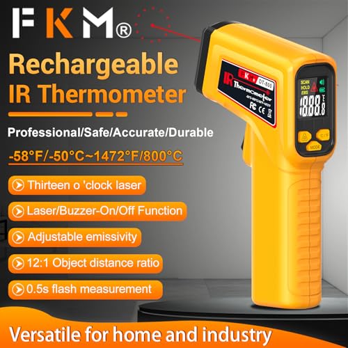 FKM Rechargeable Infrared Thermometer Gun,13-Point Laser-High Precision | -58°F~1472°F Non-Contact Laser Thermometer Gun,Digital IR Temperature Gun for Cooking,Griddle,Oven,HVAC,Automotive,Industrial - style: -58°F~1472°F (-50°C~800°C)
