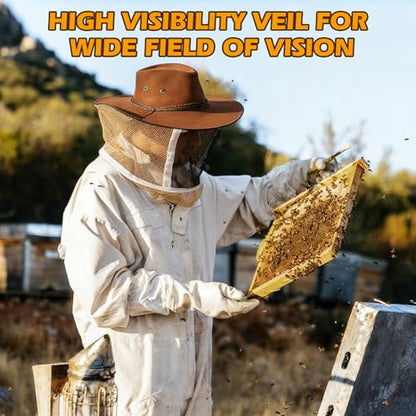 4-Pack Beekeeping Gloves & Hat Set - 2 Pack Beekeeping Veil Bee Keeper Hats and 2 Pack Thick Goatskin Leather Bee Gloves with Ventilated Sleeves, Outdoor Professional Beekeeping Protective Gear