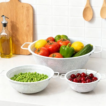 Colander Set with White Coating, Stainless Steel Micro-Perforated Colanders Strainers for Draining Rinsing Washing, Ideal for Vegetables Fruits, Heavy Duty & Dishwasher Safe - color: White