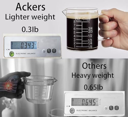 Ackers Etched Graduated Glass Measuring Cup - [Insulated Handle | V-Shaped Spout] - High Borosilicate Glass Measuring Cup for Kitchen or Dining, Easy to Read, 250ml (8oz, 1 Cup) - size: 250 ML (8 Oz, 1 Cup) - Etched Graduated