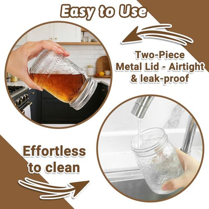 12 oz Embossed Mason Jars 20 Pack, Regular Mouth Glass Canning Jars with Airtight Split Lids, for Jams, Honey, Pickling, Fermenting, Meal Prep, Spices, Food Storage, Wedding Favors & DIY Projects - color: Clear04-12oz