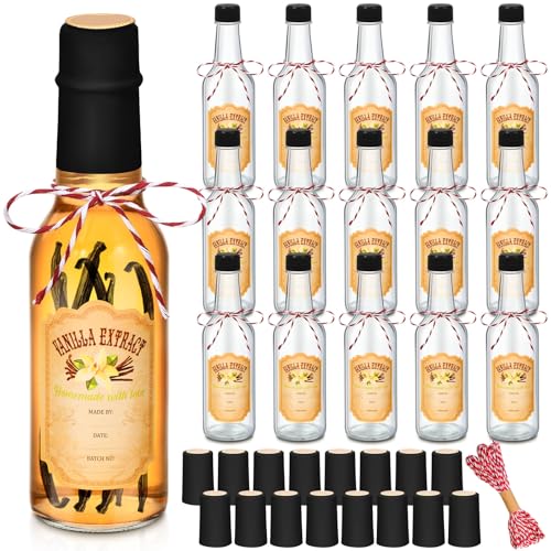 Tioncy 16 Pcs Empty Vanilla Extract Bottles for Homemade Vanilla Jar Glass Bottle with Cap, Shrink Band, Sticker DIY Crafts Wedding Gift Food Storage Canister for Bean(Black,3 oz) - color: Black, size: 3 oz