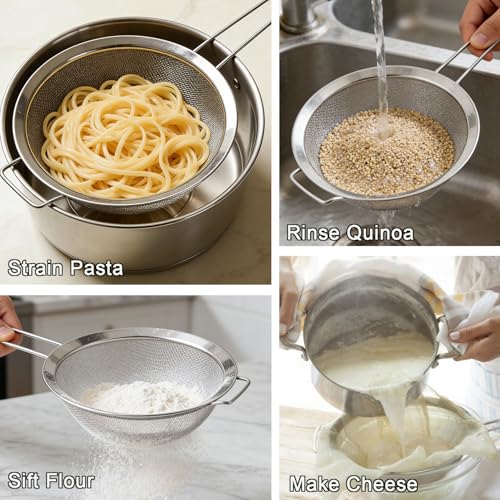 Fine Mesh Strainer with Sturdy Handle, 7.76 Inch Stainless Steel Strainers, Bonus 20x20 Inch Reusable Cotton Cheese Cloths with 4 Hemmed Edges, Sieve Sifter for Straining, Cooking, Baking - size: 7.76" Strainer and Cheesecloth