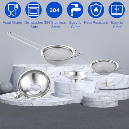 4 Pieces Stainless Steel Funnels with Fine Mesh Strainer, Canning Funnels for Narrow Wide and Regular Filling Mason Jars, 1.5 Inch/2.1 Inch Stainless Steel Funnel for Kitchen Use