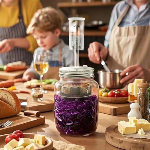 Fermentation Kit for Wide Mouth Mason Jars, 26-in-1 Complete Fermentation Starter Kit with 4 Stainless Steel Lids, 4 Glass Weights, 4 Airlocks, 24 Labels, Long Handle Brush, Silicone Tong & Pounder