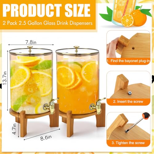 Honeydak 2 Pack 2.5 Gallon Each Amber Glass Drink Dispensers with Spigot, Gold Accent, Beverage Dispensers with Stand for Lemonade Juice Water Iced Tea Cocktails - size: 2.5 Gallon