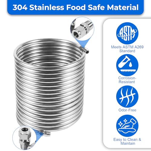 Wort Chiller 1/2" x 50FT, Food Grade 304 Stainless Steel Immersion Chiller Coil, Ice Bath Water Chiller Beer Chiller Water Cooler Tubing Coil for Beer Brewing, with 2PCS 1/2'' Connection Barbs - size: 1/2" x 50 Ft Wort Chiller