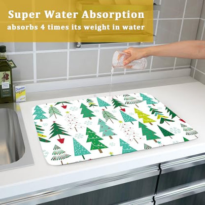 Green Trees Dish Drying Mat for Kitchen Counter Holiday Super Absorbent Reversible Microfiber Kitchen Countertop Protector Dishes Pad Large 18x24 inch - size: 24" x 18"